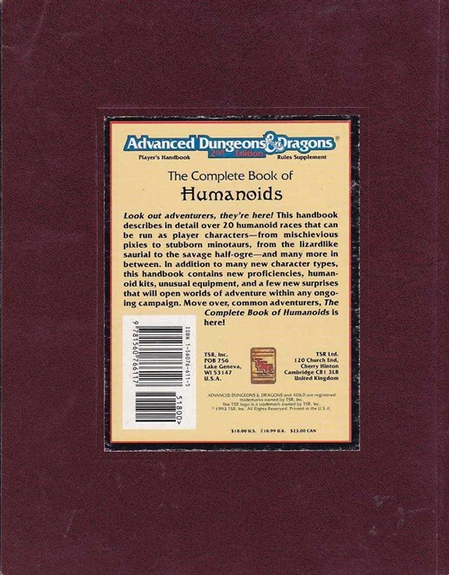 Advanced Dungeons & Dragons 2nd Edition - Players Handbook Rules Supplement - The Complete Book of Humanoids (B Grade) (Genbrug)